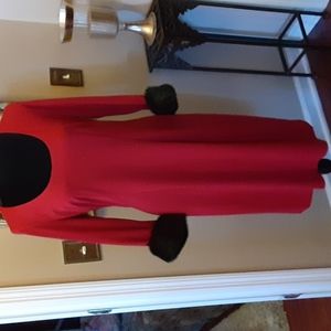 J Howard deep red 3/4 sleeve dress with black faux fur removable cuffs 12 EUC …